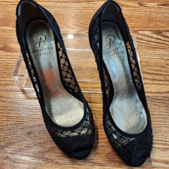 Adrianna Papell Black Mesh Open Toe Jamie Heels Womens Size 7.5M - Picture 4 of 11